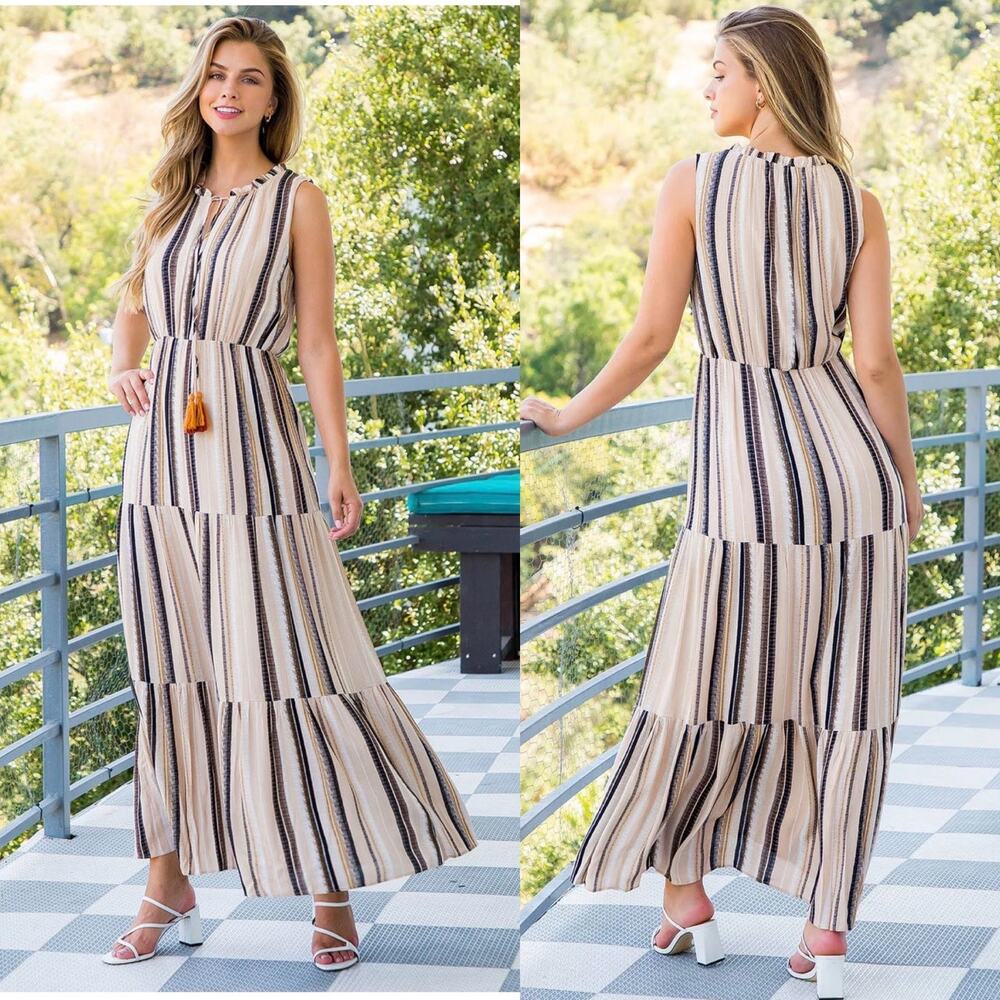 NWT THML Margo Stripe Sleeveless Tassel Maxi Dress Size Medium Flowy Boho